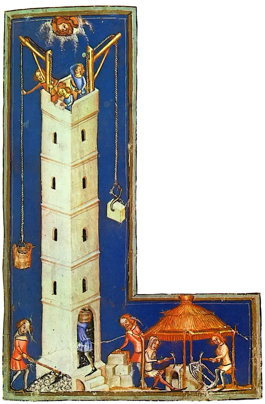 Torre de Babel (personas construyendo una torre), imagen en libro medieval, aprox. 1370